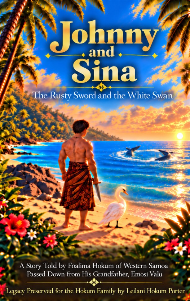 Book cover: Johnny stands on a Samoan beach at sunset holding a small rusty sword beside a white swan, with two whales in the sea.