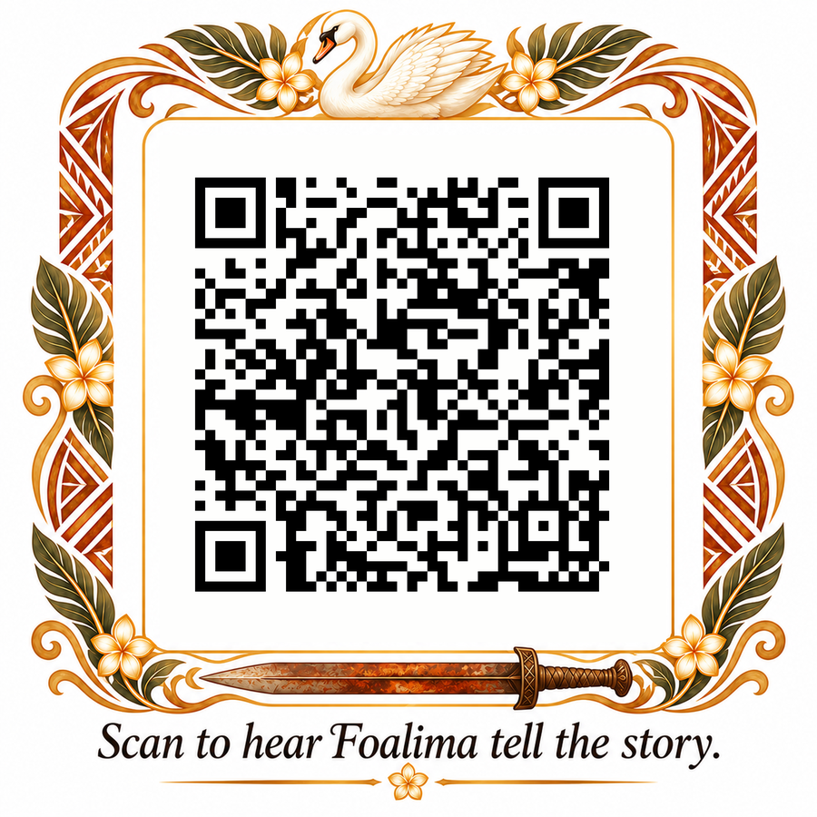 QR code in a frame with a white swan at the top and a rusty sword at the bottom, captioned Scan to hear Foalima tell the story.